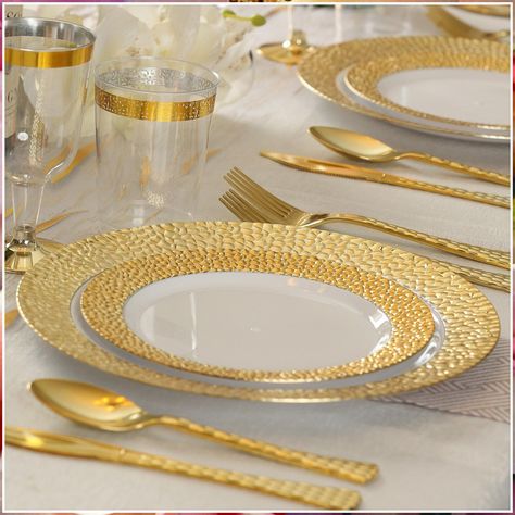 Thanksgiving Table Settings - We'll save you many hours of searching. Just click to visit and get what you need IMMEDIATELY! Plastic Plates Wedding, Elegant Party Decorations, Gold Plastic Silverware, Gold Table Setting, Gold Plastic Plates, Plastic Dinnerware Sets, Gold Dinnerware, Plastic Silverware, Plastic Dinnerware