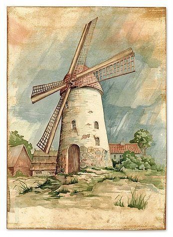 Environmental Art, Windmill Art, Wind Mill, Old Windmills, Desen Realist, Hur Man Målar, Watercolor Architecture, Diy Watercolor Painting, Diy Watercolor