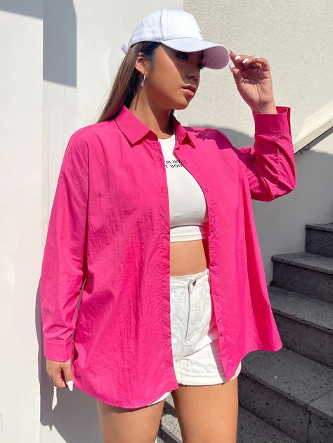 Pink Shirts For Women, Pink Shirt For Women, Pink Shirt Outfit For Women, Outfits With Pink Blouse, Oversize Pink Shirt Outfit, Hot Pink Oversized Shirt Outfit, Hot Pink Outfits Casual, Pink Shirt Styling Women, Pink Shirt Women Outfit