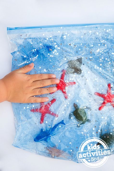 Ocean Sensory Bag - fun exploration for babies Goldfish Snack, Ocean Sensory, Sensory Bag, Sensory Bags, Busy Activities, Ocean Activities, Daycare Activities, Sensory Table, Ocean Crafts