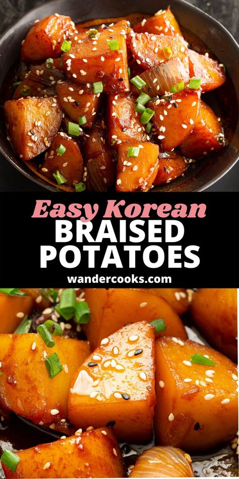 Elevate your potatoes with this amazing Korean side dish. Soy braised potatoes are simmered to perfection, beautifully balancing savoury and sweet with a touch of spice. Serve Gamja Jorim alongside steamed rice and your favourite dishes like Bulgogi. Korean Braised Potatoes, Korean Potato Side Dish, Gamja Jorim, Braised Potatoes, Korean Appetizers, Korean Food Side Dishes, Korean Sweet Potato, Easy Korean Recipes, Asian Side Dishes