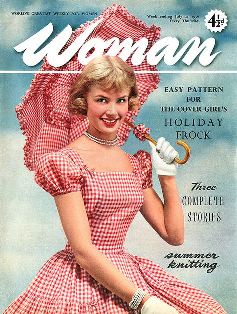 50s gingham Woman girl picnic dress day full skirt puff sleeves parasol red white vintage fashion style photo print ad color Istoria Modei, Woman Magazine, Diy Vetement, Stil Vintage, Happy Womens Day, Styl Retro, Women Magazines, Foto Vintage, Summer Knitting