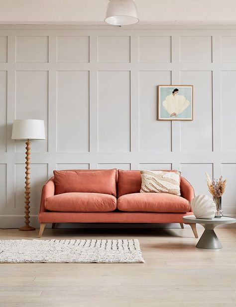 Dylan Sofa in Reef Cotton | Rose & Grey Coral Sofa, Sofa Kitchen, Vintage Leather Sofa, Sofa 3 Seater, Kitchen Sofa, Orange Sofa, Oak Stool, Farm Living, Budget Friendly Decor