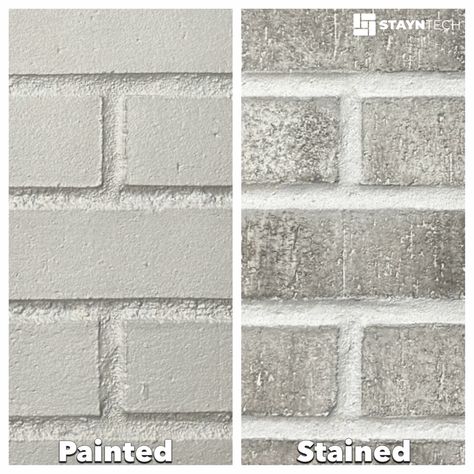 Painted Brick Veneer Exterior, Paint Grey Brick House Exterior, White Brick With Gray Trim, Light Gray Painted Brick House Exterior, White Siding With Grey Brick, Stained Brick Exterior Houses, How To Stain Brick Exterior Diy, Painted Brick Interior Wall Grey, Grey Brick Stain Exterior