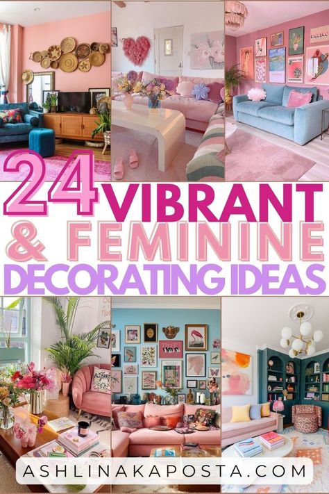 24 Feminine & Vibrant Living Room Styling Ideas that will boost your mood — ASHLINA KAPOSTA Blue And Pink Maximalism, Small Whimsical Living Room, Pink Sofa Living Room Ideas Vintage, Eclectic Decor Maximalist, Living Room Inspiration Colourful, Pink Accents In Living Room, Small Home Makeover Ideas, Girly Maximalist Living Room, Colorful Girly Living Room