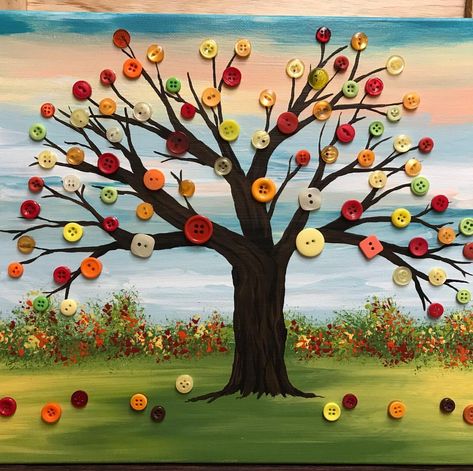 Mixed Media Tree Art, Art With Buttons, Button Tree Canvas, Mixed Media Canvas Art, Button Tree Art, Button Art On Canvas, Crafts 2024, Buttons Crafts, Button Tree