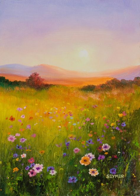 A Field Of Flowers, Field Of Flowers, Country Paintings, Time Painting, Floral Oil Paintings, Landscape Art Painting, Framed Oil Painting, Spring Painting, Rustic Wall Art