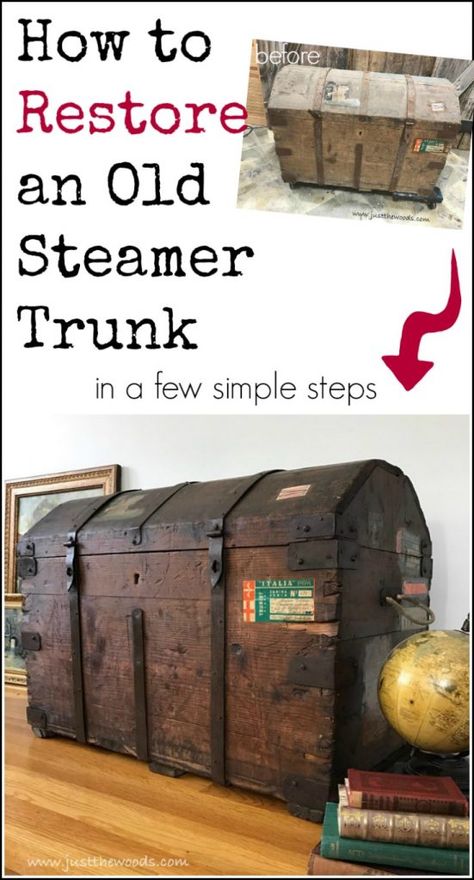 Steamer trunk restoration project, remove mildew odor, secure old labels and learn How to Restore an Old Steamer Trunk in a Few Simple Steps Restoring Old Trunks, Old Trunk Ideas Repurposed Diy, Refinish Old Trunk, Steam Trunk Makeover, Old Trunk Ideas Decor, Old Trunk Ideas Repurposed, Refinished Trunk, Steamer Trunk Makeover, Trunk Redo