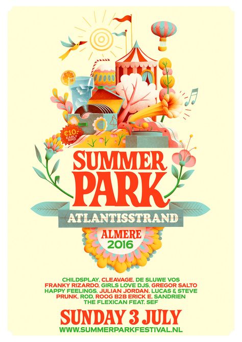 Artwork for a new festival in Almere, a city close by Amsterdam in the Netherlands. Because this is the first year of the festival, we tried to make an inviting image that could not be mistaken for anything else than a summer Festival poster. The image wa… Summer Festival Illustration, Festival Artwork, Festival Poster Design, Festival Flyer, Music Festival Poster, Summer Poster, Event Poster Design, Festival Poster, Plakat Design