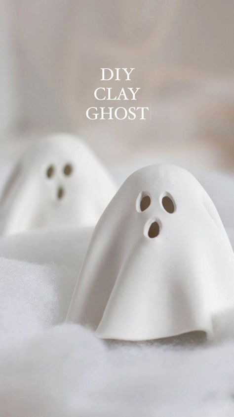 Ceramic Ghost Diy, Ceramic Ghost Tea Light, Clay Ghost Candle Holder, Clay Decorations Diy, Ghost Tea Light Diy, How To Make A Ghost Out Of Clay, Diy Ghost Figurine, Mini Ghosts Diy, Clay Ghost Tealights