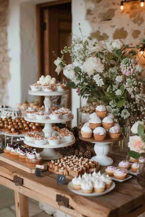 20 Bridal Shower Dessert Table Ideas - HandsomeWedding His And Her Dessert Table, Dessert Bar Bridal Shower Ideas, Diy Dessert Bar Wedding, Dessert Table With Flowers, Desserts Wedding Table, Dessert Table Set Up Wedding, Vintage Dessert Table Wedding, Sweets For Wedding Desserts, Wedding Dessert Bar Ideas Sweet Tables