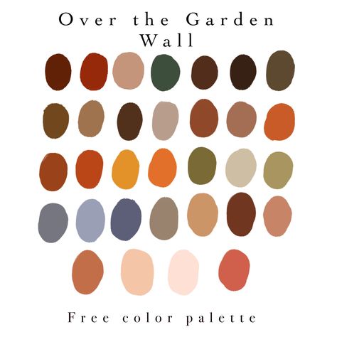 Free color palette based on Over the Garden Wall and light arcademia Garden Pallete Color, Autumn Color Palette Procreate, Over The Garden Wall Palette, Procreate Color Palette Pastel, Cottage Core Aesthetic Color Palette, Nature Color Pallets, Garden Colors Palette, Downtown Color Palette, Over The Garden Wall Art Style