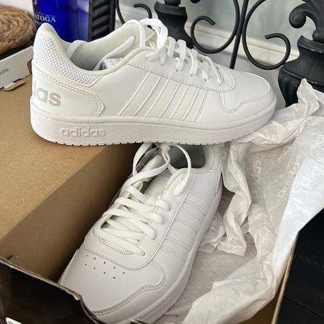 Women Adidas Hoops 2.0 - White New And Never Worn. White Addis Shoes, Adidas Shoes Women White, White Shoes Adidas, Adidas Shoes White, Adidas Women Shoes, Plain White Shoes, Platform Outfit, Adidas Hoops, Adidas White Shoes