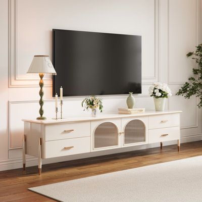 Tv Console Light Wood, Feminine Tv Stand, Parisian Tv Console, Bookshelf Tv Console, Aesthetic Tv Console, Parisian Living Room With Tv, Tv Console Aesthetic, French Tv Console, Cozy Tv Stand