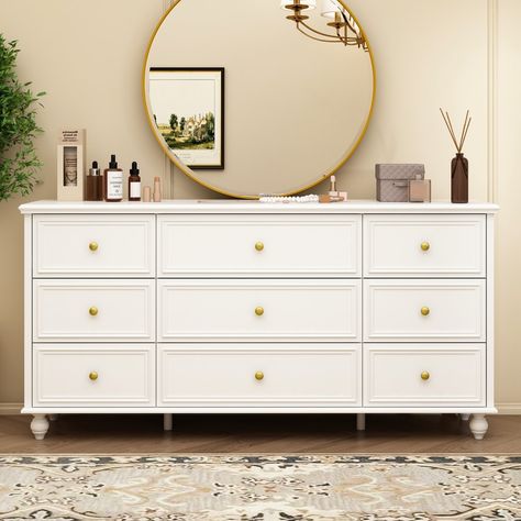 63"W Wood Dresser Bedroom Storage Drawer Organizer Closet 9 Drawer - On Sale - Bed Bath & Beyond - 36409375 Space Dresser, Big Dresser, White Dresser Bedroom, Dresser Closet, Dresser Decor Bedroom, Dresser Chest, 9 Drawer Dresser, Wooden Dresser, White Dresser