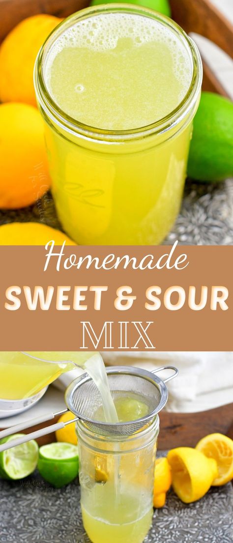 Sweet and sour mix is an essential ingredient for so many cocktails. It's sweet, tart, has a refreshing citrus flavor, and tastes so much better homemade! There is no need to buy a bottle of premade… More Homemade Sweet And Sour Mix Recipe, Sweet And Sour Mix Recipe, Homemade Sweet And Sour Mix, Homemade Sour Mix, Sweet And Sour Recipes, Sour Drink, Drink Recipies, Amaretto Sour, Fresh Squeezed Juice