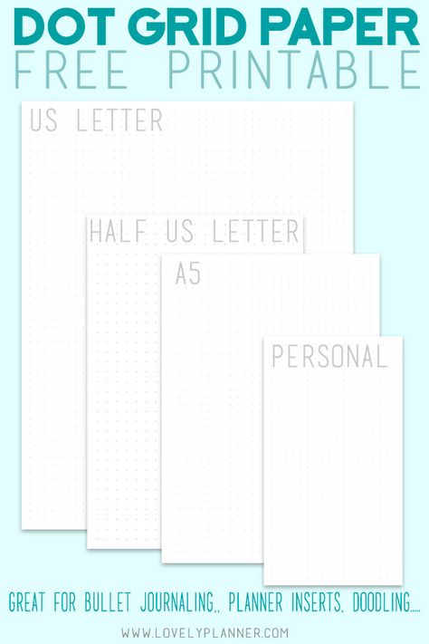 Free Printable dot grid paper for bullet journal and planners in 4 sizes: US letter, half US letter, A5 and Personal. DIY your own bujo with these free printable dot grid journal pages. #bujo #bulletjournal #freeprintable #lovelyplanner Organisation, Printable Dot Grid Paper, Disc Binding, Kertas Binder, Dotted Bullet Journal, Dot Grid Paper, Grid Journal, A5 Inserts, Scrapbook Planner