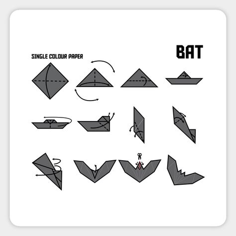 Origami bat instructional print. Show your love for the art of paper folding with this simple but stylish print and maybe you'll help others to love origami too. -- Choose from our vast selection of magnets to match with your desired size to make the perfect custom magnet. Pick your favorite: Movies, TV Shows, Art, and so much more! Available in two sizes. Perfect to decorate your fridge, locker, or any magnetic surface with. Bat Origami Easy, How To Make Paper Bats, Oragami Ideas Easy For Kids, Bat Paper Craft, Bats In Love, Batman Origami, Origami Bats, Bat Origami, Easy Oragami