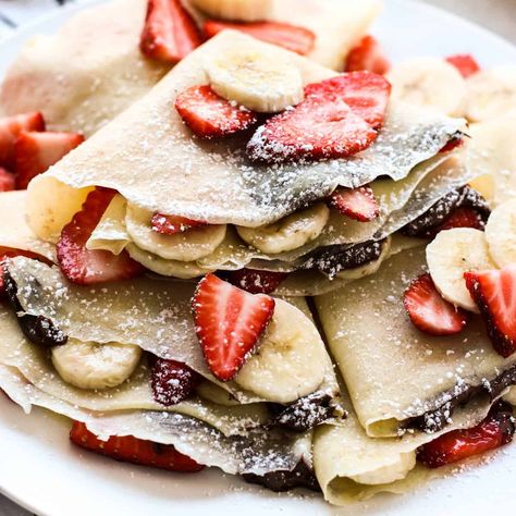 Strawberry Banana Nutella Crepes - Joyous Apron Banana Nutella Crepes, Crepes Nutella, Nutella Snacks, Brunch Dessert, Recipe Developer, Easy Crepe Recipe, Crepes Filling, Nutella Crepes, Brunch Desserts