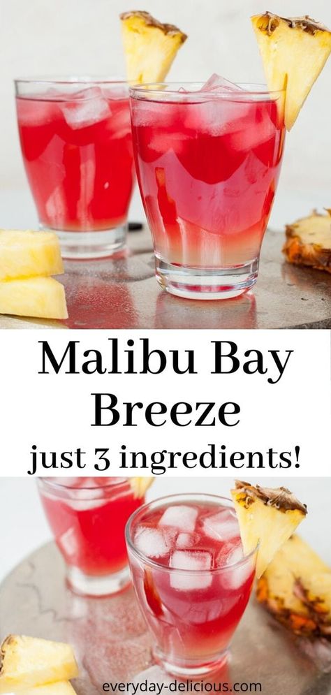 Malibu Breeze Drink, Easy Alcoholic Mixed Drinks, Malibu And Pineapple Drinks, Malibu Bay Breeze Pitcher, Jungle Juice With Vodka, Delicious Drinks Alcohol, Sweet Liquor Drinks Alcohol, Kickback Food Ideas For Adults, Alcoholic Cranberry Drinks