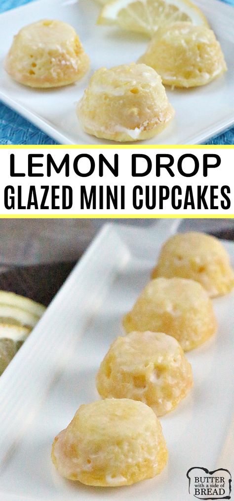 Little Lemon Drop Glazed Mini Cupcakes are delicious bite-sized treats that start with a lemon cake mix! The easy lemon glaze soaks into the inverted mini cupcakes and is a simple, incredibly delicious lemon cake mix recipe! Lemon Cake Mix Recipe, Delicious Lemon Cake, Cupcakes Easy, Lemon Treats, Lemon Drops, Yummy Desserts Easy, Cake Mixes, Lemon Cake Mixes, Lemon Glaze