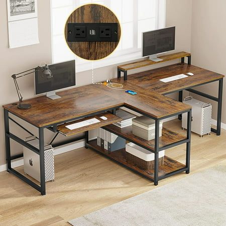 Specification: Color: Rustic Brown Overall Dims: 94.5" L x 39" W x 30" H Bearing Capacity: 325 Lbs Features: Multifunctional Desk2 person desk + printer stand with storage + 94.5" LED light + power strip with USB interface + keyboard tray + monitor stand. This multifunctional two person desk is convenient for 2 people to use at the same time, and can communicate at close range without disturbing each other. Perfect as computer desk, 2 person desk, home office desk, gaming desk, office desk. Cool Trader Office, Long Computer Desk, Meja Industrial, Two Person Desk, Gaming Desk With Storage, Desk With File Drawer, Double Desk, Under Desk Storage, Wood Writing