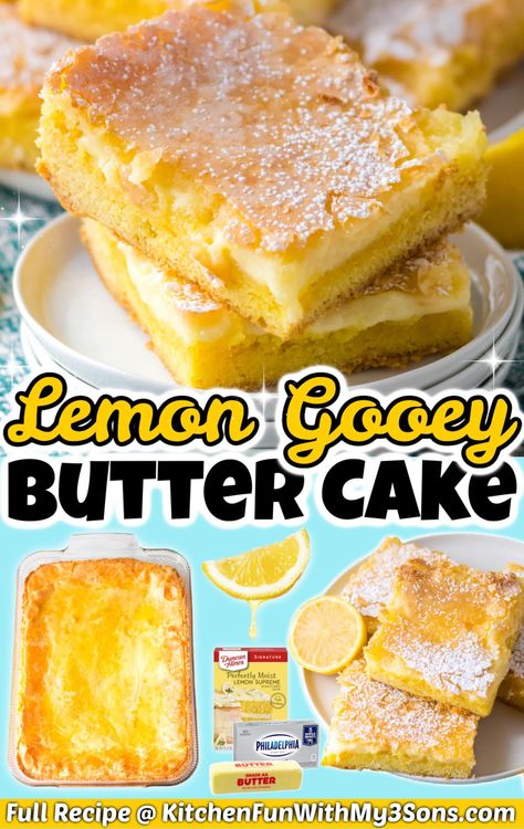 Lemon Gooey Butter Cake, Lemon Butter Cake Recipe, Gooey Butter Cake Recipe, Lemon Cake Bars, Delicious Lemon Desserts, Recipe Using Lemons, Lemon Cake Mix Recipe, Ooey Gooey Butter Cake, Cake Mix Recipe