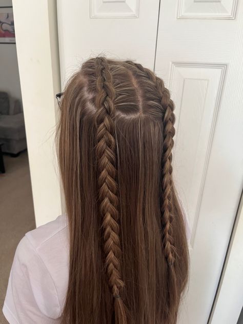 Half Plait Half Down, French Braid With Hair Down, Two Plaits Half Up Half Down, 2 Half Braids On Top, Half Up Half Down Dutch Braid Hairstyles, Two Half Up Half Down Braids, French Plait Half Up Half Down, Two Top Braids Half Up, Two Braids On Top Of Head