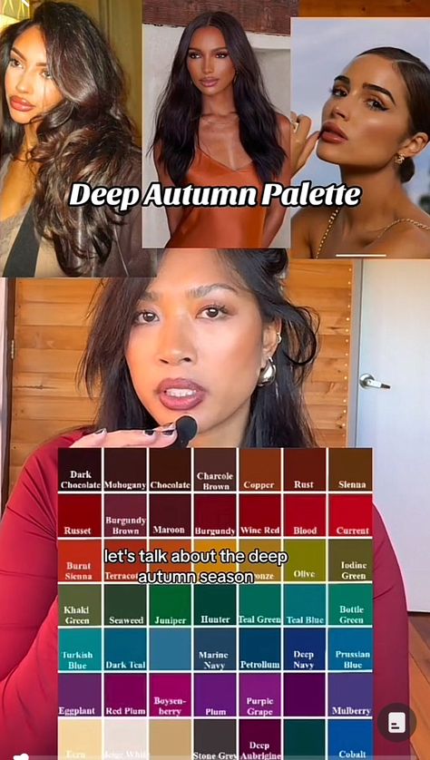 Color Palette Personal, Deep Winter Dark Skin, Autumn Palette Outfit, Deep Autumn Women, Deep Autumn Colours, Dark Autumn Color Palette Clothes, Deep Autumn Color Palette Jewelry, Nail Colors For Deep Autumn, Deep Autumn Color Palette Black Women