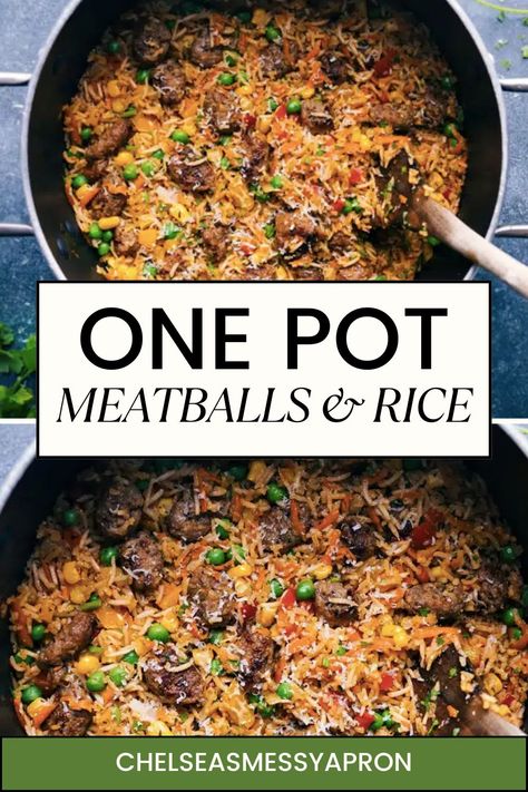 This one-pot Meatballs and Rice is downright delicious! Perfectly tender mini meatballs with fluffy rice, loads of veggies, and a spectacular spice blend. Sure to be a hit with kids and adults alike! #dinner #best #quick #easy #simple #familyfriendly #kidfriendly #onepot #meatballs #rice Beef Meatballs And Rice, Meatball And Rice Dinner Ideas, Meatballs Rice Recipe, Rice With Meatballs, Italian Meatballs And Rice, Rice And Meatballs Recipes, Frozen Meatballs And Rice, Meatball And Rice Casserole, Meatball And Rice Recipes