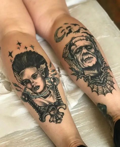 Halloween Inspired Tattoos, Frankenstein Tattoo, Halloween Tattoos Sleeve, Brides With Tattoos, Skeleton Tattoos, Inspired Tattoos, Tattoos For Lovers, Spooky Tattoos, Gothic Tattoo