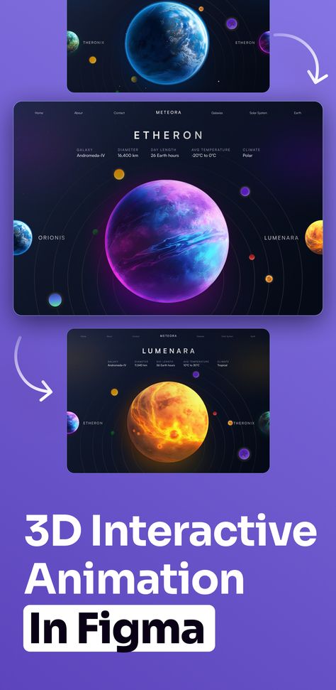 Learn how to create an amazing 3D interactive planet animation with a rotating effect in Figma. No plugins, just simple techniques! Animated Website Inspiration, 3d Interactive Web Design, Planets Graphic Design, Interactive Map Design, Animation In Figma, Figma Interaction, Web Animation Design, Figma Animation Tutorial, 3d Ui Design