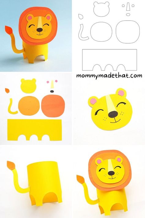 Lion School Project, Lion Toilet Paper Roll Craft, Paper Craft For Kindergarten, Easy Printable Crafts, 3d Lion Craft, Lion Template Free Printable, Lion Art Projects For Kids, Lion Art And Craft, Animal Paper Crafts For Kids