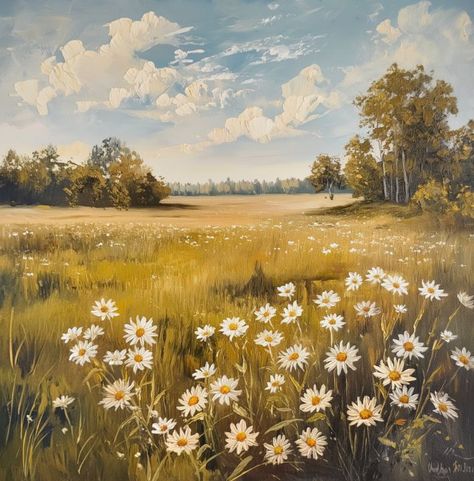 Oil painting of a field with daisies - Maxleron Chamomile Flower Painting, Daisy Pictures Flower, Flowers And Grass Painting, Daisy Field Drawing, Painting Of Field Of Flowers, Field Of Daisies Painting, Flower Field Mural, Landscape With House Painting, Horse In Field Painting