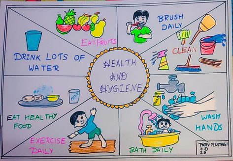 Poster for Health and hygiene topic. Healthy And Hygiene Poster, Cleanliness And Hygiene Poster, Personal Hygiene Poster Drawing, Cleanliness And Hygiene Poster Drawing, Health And Hygiene Posters For School, Health And Hygiene Posters Drawing, Health And Hygiene Drawing, Personal Hygiene Poster Ideas, Proper Hygiene Poster