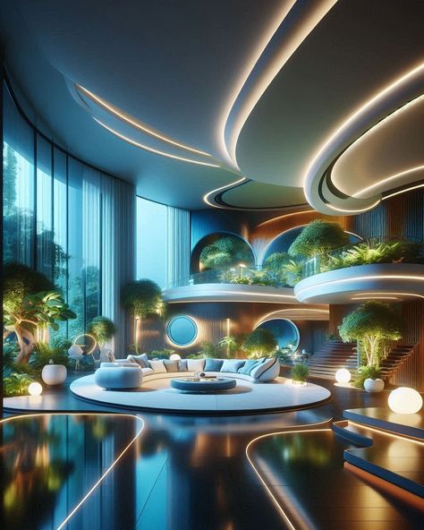 Natal, Modern Futuristic Living Room, Futuristic Living Room, Futuristic Home Design, Glow Lamp, Modern Futuristic, Gold City, Digital Rendering, Modernist House