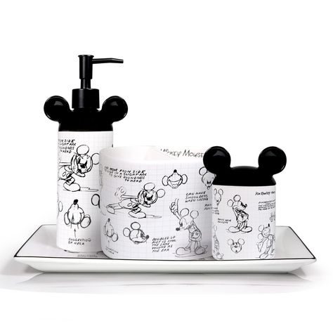 PRICES MAY VARY. Ceramic COMPLETE 4-IN-1 BATHROOM ACCESSORY SET: Update your bathroom’s décor with the most eye-catching 4-piece set that includes: a refillable pump dispenser for soap and lotions, a toothbrush and toothpaste holder, a cotton ball container with lid and a matching rectangle countertop tray. Is there a cuter way to organize your bathroom? We doubt it! AUTHENTIC SKETCHBOOK BATHROOM COLLECTION: Decorated with the cutest Sketchbook designs, our modern soap dispenser and toothbrush h Modern Bathroom Accessories Set, Mickey Mouse Bathroom, Disney Bathroom, Cotton Ball Holder, 4 Piece Bathroom, Toothbrush And Toothpaste Holder, Toothpaste Holder, Disney Home Decor, Set Decor