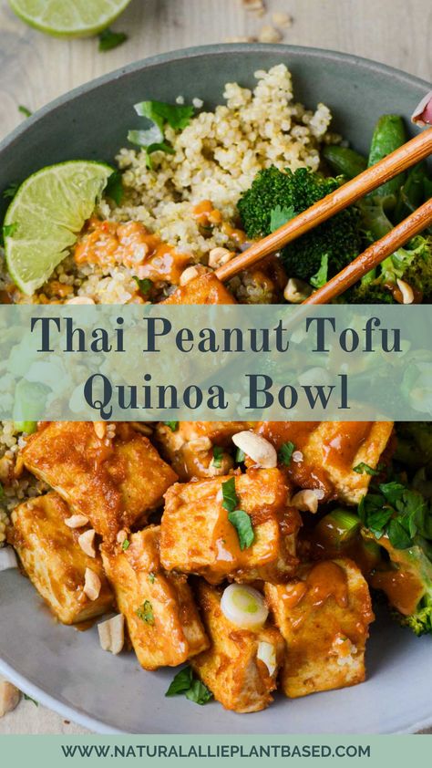 Low Carb Tofu Recipes, Quinoa Tofu Bowl, Tofu Quinoa Bowl, Thai Peanut Tofu, Tofu Dinner Recipes, Tofu Salad Recipes, Quinoa Tofu, Tofu Quinoa, Budda Bowls