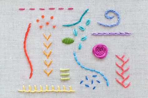 Learning hand embroidery is fun and easy with these 15 essential stitches for beginners and experienced stitchers! Brazilian Embroidery, Broderie Simple, Basic Hand Embroidery Stitches, Diy Broderie, Pola Sulam, Learn Embroidery, Folk Embroidery, 자수 디자인, Simple Embroidery