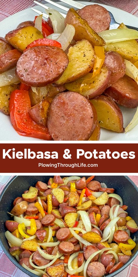 Kielbasa and Potatoes Kielbasa Peppers And Potatoes, Kielbasa Potatoes Peppers Onions, Smoked Kielbasa Recipes, Kielbasa And Peppers, Potatoes Onions And Peppers, Sausage Recipes Potatoes, Kielbasa Casserole, Easy Kielbasa Recipes, Kilbasa Sausage Recipes