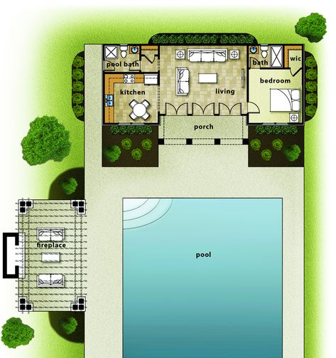 1 Bedroom Pool House Floor Plans, Pool House Ideas With Bathroom, Pool And Guest House Ideas, Pool House Awning, Pool House Apartment Floor Plans, Pool House With Guest Quarters, Pool House Inlaw Suite, Small Barndominium Pool House, Backyard With Guest House