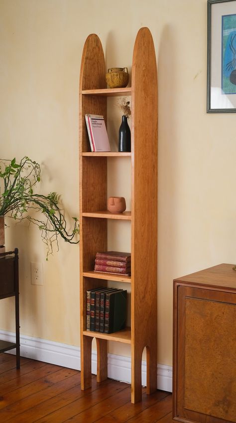 Handmade Tall Curved Bookshelf - Etsy Diy Mid Century Bookshelf, Bookshelf Coffee Table, Mcm Bookshelf, Curved Bookshelf, Slim Bookshelf, Unique Bookshelf, Wood Bookshelf, Diy Bookshelf, Cabinet Maker