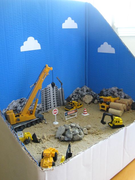 Pretend Play Invitation to Play: Small world  Construction Site in a box - I would have to make three sides accessible with just one side left as backdrop! Sensory Bins, Sensory Play, Mini Mundo, Sand Play, Invitation To Play, Construction Theme, Aktivitas Montessori, Small World Play, Construction Site