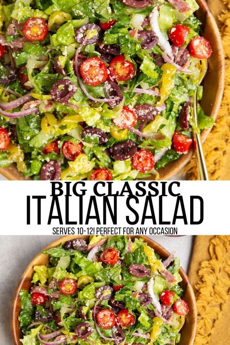 Classic Italian Salad with tomatoes, parmesan cheese, olives, onion, pepperoncinis, and homemade Italian dressing. This extra crunchy salad is bursting with big bold flavors and makes the best side dish for big families! #salad #potluck #summer #italian Italy Salad Recipes, Salad Recipes With Italian Food, Italian Dish For A Crowd, Chicken Italian Salad, Side Salad Italian, Simple Italian Salad Recipes, Italian Cobb Salad, Italian Recipes Salad, Italian Raw Veggie Salad