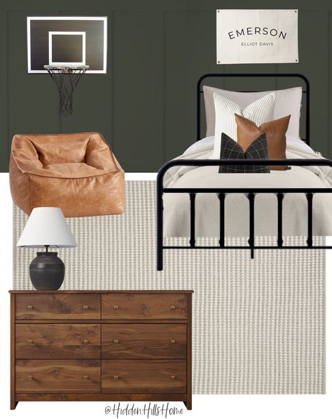 Dude Perfect Bedroom, Black Metal Bed Boys Room, Boys Bedroom Metal Bed, Boys Metal Bed, Green Black And Tan Bedroom, Boys Room Metal Bed, Black Metal Bed Frame Boys Room, Boys Bedroom Black Furniture, Full Bed Boys Room