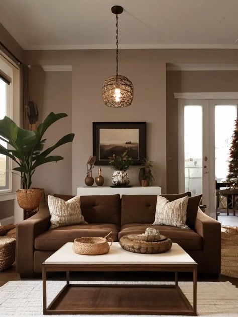 Dark Accent Interior Design, White Living Room Brown Furniture, Light Brown Interior Paint, Light Brown Couch Pillow Ideas, Gray Brown Flooring Living Room, Brown Color Living Room Ideas, Brown Black Living Room Ideas, Cognac Leather Couch Living Rooms Cozy, Brown Beige Interior