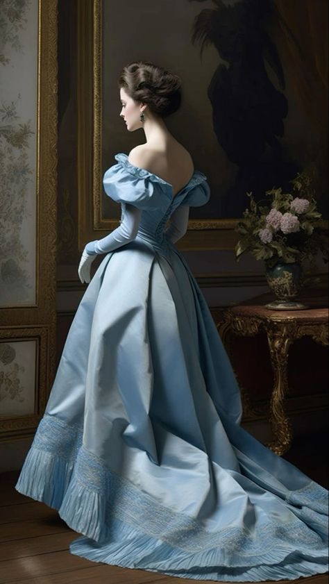 Lady in a #light blue #satin #off-#shoulder #long #sleeves, ball #gown with #white #gloves Victorian Era Art Paintings, Blue Victorian Dress, Gown With Gloves, Ball Gowns Victorian, Victorian Ball Gowns, Victorian Gown, Noble Lady, Victorian Paintings, Blue Ball Gowns