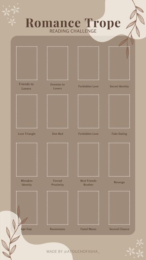 Reading Challenge Romance, Book Trope Challenge, Kindle Annotation, Book Journal Challenge, Romance Trope Ideas, A To Z Reading Challenge Template, Romance Book Challenge, Book Review Layout, To Be Read List Template