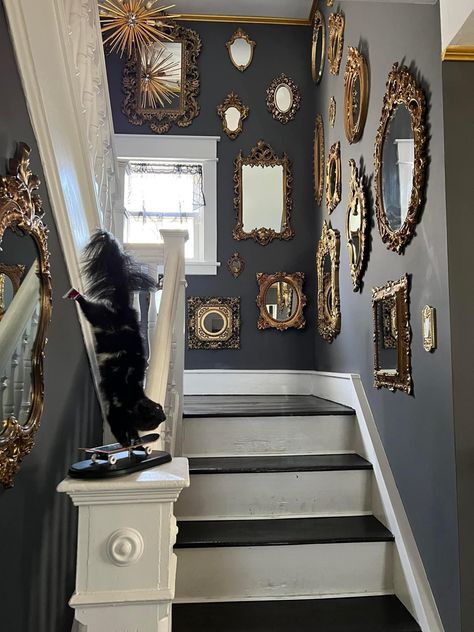 Whimsical Goth Interior, Bold Staircase, House Themes, Mirror Gallery, Wall Makeover, Mirror Gallery Wall, Moody Decor, Dark Home Decor, Chic Frames