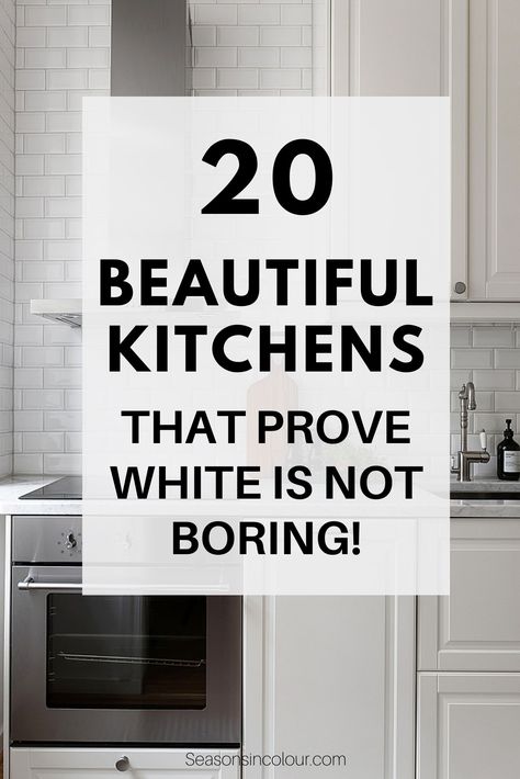 Kitchens are the hub of our homes. There are a lot of trends in kitchens for 2020 and we get it that a lot of people love slightly quirky, colourful kitchens too but white kitchens will never go out of style. Interior designers have always favoured light neutral schemes in kitchens. This is because calming light colours help reduce the noise that is created in a very busy space - think pots and pans and plates in the sink - kitchens are not always tidy! Small White Modern Kitchen Ideas, Cool White Kitchen Cabinets, White In White Kitchen, Not Boring White Kitchen, Light Kitchens That Arent White, White Country Kitchen Ideas, All White Kitchens Modern, White Kitchen Coloured Backsplash, Small White Kitchens Modern